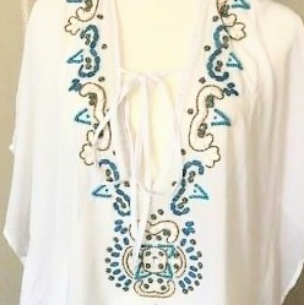 Spiaggia Dolce Womens Beaded Swim Cover Up White Teal XL